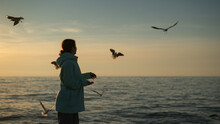 Caucasian Woman Feeding Seagulls On The Sea At Sunset. 