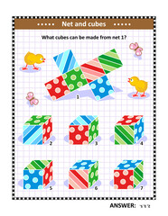 Math puzzle (suitable both for kids and adults) with net and cubes. Answer included.
