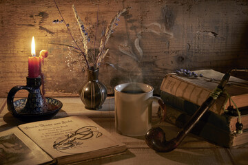 Wall Mural - Closeup of a vintage desk design with old items.
