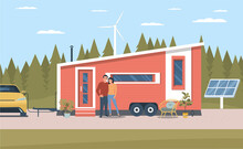 Tiny House With Family, Electric Car, Solar Panel And Wind Turbine. Vector Illustration.