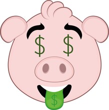 Vector Illustration Of The Face Of A Cartoon Pig With The Dollar Sign In The Eyes And Tongue