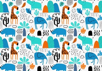 Wall Mural - Seamless pattern with cute tropical animals