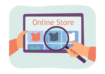 Poster - Hands holding tablet with online store on its screen. Person looking at clothes though magnifier, shopping online flat vector illustration. Shop concept for banner, website design or landing web page