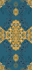 Sticker - Illustration of an ornate seamless pattern for square stitch in blue and golden colors