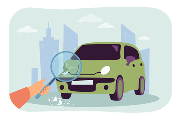 Poster - Person looking at damaged car through magnifier. Broken auto after collision on road accident flat vector illustration. Emergency, transportation concept for banner, website design or landing web page