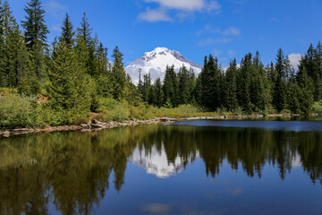 Canvas Print - Peaceful scene with the Mount Hood reflected in the Mirror Lake in Mount Hood National Forest, USA