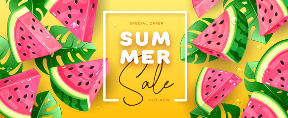 Wall Mural - Summer sale poster with slices of watermelon on tropic background. Summer watermelon background. Vector illustration