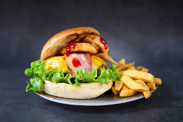 Sticker - Beautiful shot of a Iberico burger with onion ring and french fries on the side in a plate.