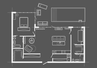 Wall Mural - Linear architectural section plane cottage with pool on gray background