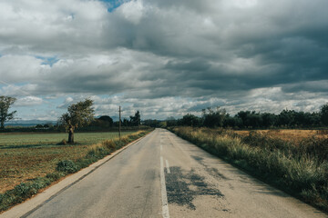 Scenic view of a road with a white line in the middle, between the green fields under the cloudy sky