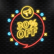 Neon Icon. Trendy flat advertising with 30 percent discount flat badge for promo design. Vector illustration.
