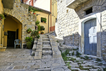 Canvas Print - A narrow old street decorated with flowers, Stairs going up. Architecture of the old style.