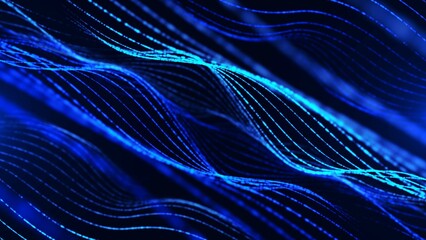 Wall Mural - Neon background. Blue 3d wave design, spiral. Texture lines, strings. Pattern of outer space. Plexus of threads. The Milky Way. LED strip. Poster of technology, science, presentations, business.