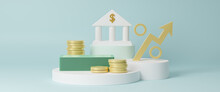 Increasing Arrow And Stack Of Money As Financial Saving Rising Concept On White Podium, Increasing Of Interest Rates, Financial Concept And Business Profit Growth Concept, 3d Rendering Illustration.