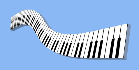 A piano keyboard is seen twisting and floating, isolated on the background in a 3-d illustration.