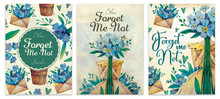 Watercolor Illustrations Of Postcards In Vintage Old Style. Blue Flowers. Girl With Forget-me-nots. Bouquet In An Envelope.