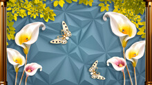 3D Wallpaper Beautiful Flower And Butterfly, Tree Green Leaf Golden Pillar With Geometrical Background