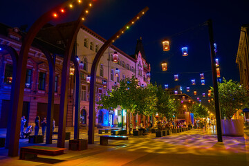 Canvas Print - The night in Dnipro, pedestrian Korolenko street, Ukraine