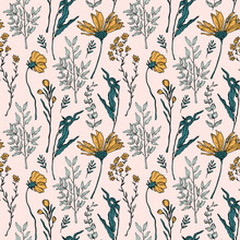 Seamless Vector Floral Pattern With Big Hand Drawn Flowers, Buds, Leaves On Yellow Background.