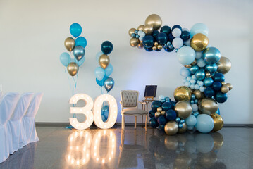 Wall Mural - Festive photo zone with the number 30. Beautiful balloon decor.