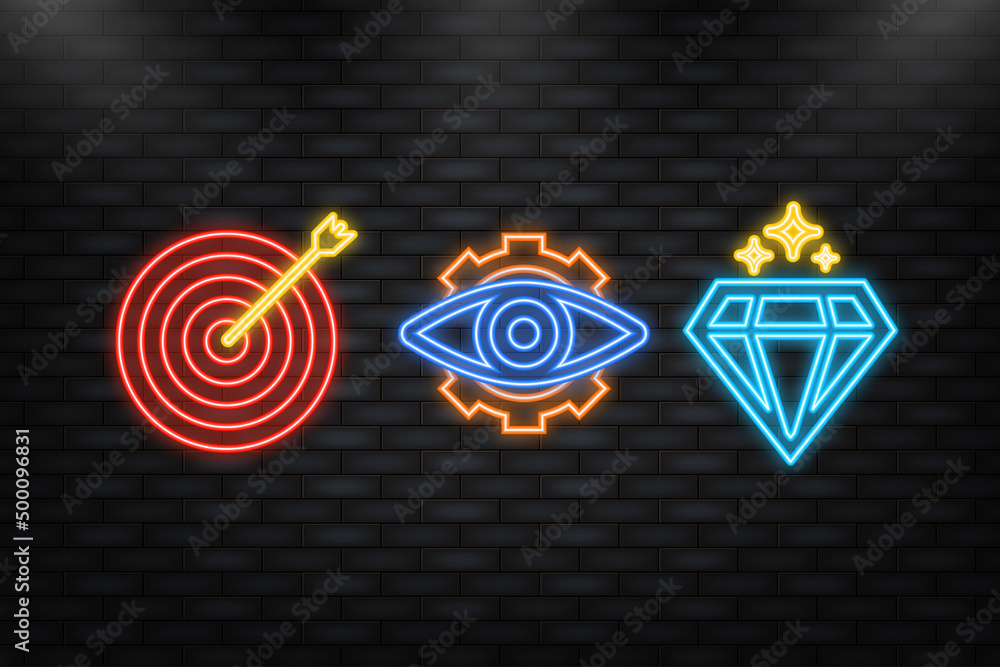 Neon Icon. Mission. Vision. Values. Modern flat design concept. Vector ...