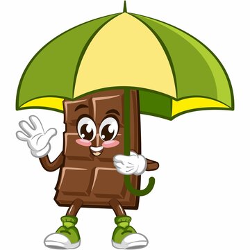 Cute chocolate bar character with funny face with umbrella , cartoon vector illustration isolated, funny chocolate character, mascot, emoticon
