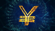 3d illustration of yellow yen symbol on dark blue background.