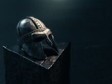 Medieval Knight Helmet In A Dark Background. 3D Rendering, Illustration