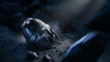 Medieval Knight Helmet Abandoned In A Cave. 3D Rendering, Illustration