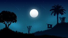 Night Landscape With Moon With A Beautiful Small On Mountain | Vector Art