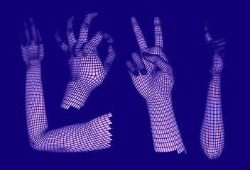 Aufkleber - Set of 3D low-poly hand models made of polygonal wireframe. Futuristic style illustration.