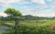 An Oil Painting Of A Lone Tree In A Lush Green Meadow