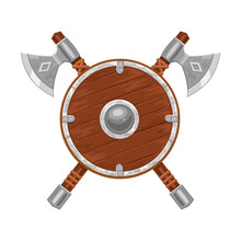 Two Axes And Viking Shield Isolated On White. Viking Weapon. Vector Illustration