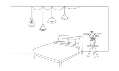 Aufkleber - Continuous one line drawing of double bed and table with potted plant and hanging loft lamps. Scandinavian home furniture for sleep bedroom in simple linear style. Doodle Vector illustration