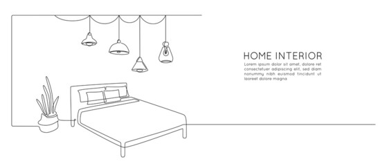 Aufkleber - Continuous one line drawing of double bed and table with potted flor plant and hanging loft lamps. Scandinavian home furniture for sleep bedroom in simple linear style. Vector illustration