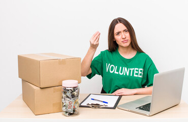 Poster - hispanic pretty woman making capice or money gesture, telling you to pay. donations volunteer