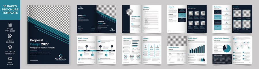 16-page Multipurpose Brochure template, simple style and modern layout, Elements of infographics for Business Proposal, Presentations, Annual report, Company Profile, Corporate report, advertising