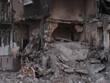 War in Ukraine, ruined building after bombing, close up