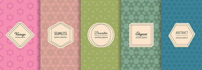 Wall Mural - Vector geometric seamless patterns. Set of modern backgrounds with elegant minimal labels. Abstract hexagon grid ornament textures. Trendy spring summer pastel color palette. Elegant decorative design