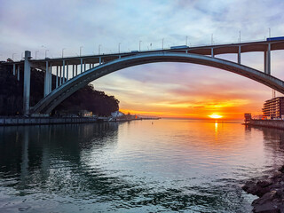 Canvas Print - Arrabida bridge sunset Porto Portugal