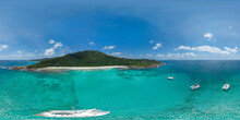 HDRI Seamless Spherical Aerial 360-degree Panorama Of La Digue Island, Seychelles. View Of The Luxurious Wild Anse Cocos Beach With Tourist Sailing Catamarans Anchored Near It