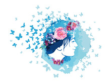 Profile Of A Young Girl With Peonies In Her Hair. Hand Drawn Vector Fashion Illustration . Female Portrait Of Magic Floral Fairy. Fantasy, Beauty, Fashion, Tattoo Design.