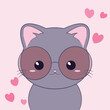 Ręcznie rysowany mały kotek w różowych okularach i serduszka. Wektorowa ilustracja zadowolonego, siedzącego kota. Słodki, uroczy zwierzak. Kartka urodzinowa lub walentynkowa.