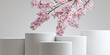 Pink cherry blossoms and podium on white background. for branding and product presentation. 3d rendering illustration.