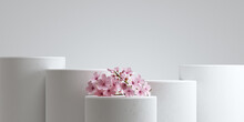 Minimal Background. Podium And Sakura With White Background For Product Presentation. 3d Rendering Illustration.