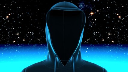 Anonymous hacker with black color hoodie in shadow under particle horizon of the observable universe. Dangerous criminal concept image. 3D CG. 3D illustration. 3D high quality rendering.