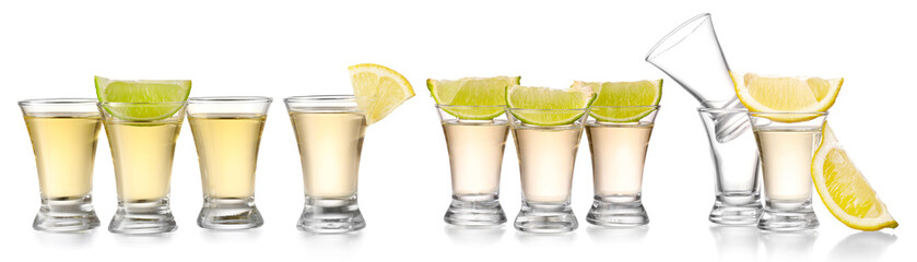 Set with shots of tasty tequila with lime and lemon on white background