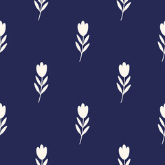 Poster - Floral vector seamless pattern. Flower on navy background. Modern drawing illustration. Botanical fabric print, digital paper, textile design, kids and baby clothes, scrapbooking, cover.