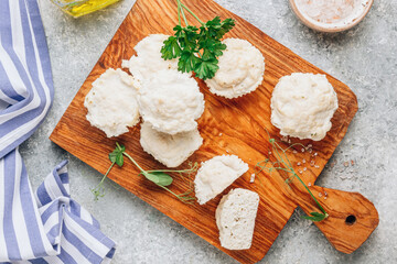 Wall Mural - Homemade chicken muffins - chicken fillet and egg white on plate. Protein Diet, healthy food concept. Selective focus