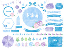 梅雨の水彩風イラストとフレームのセット / あじさい,雨,傘,初夏,植物,あしらい